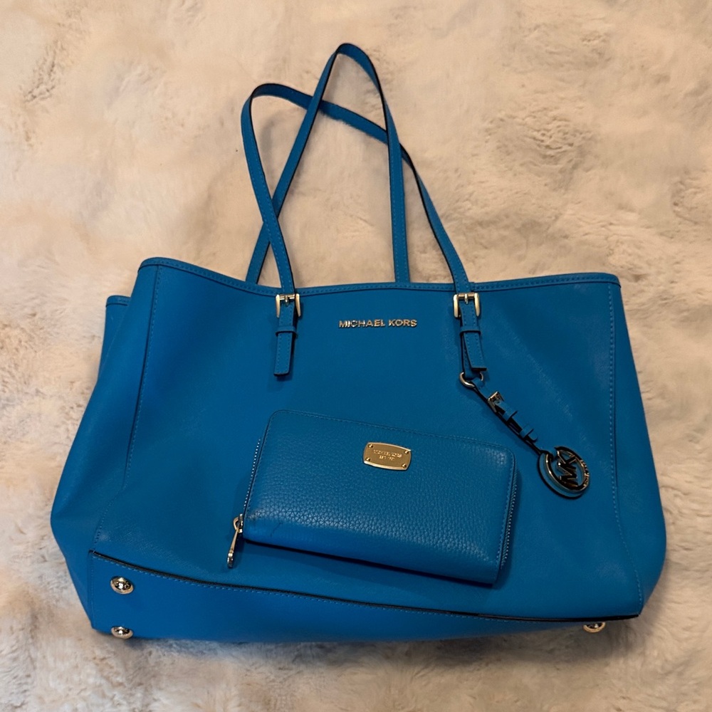 Michael Kors Bright Blue Leather Tote with Matching Wallet and Gold Hardware